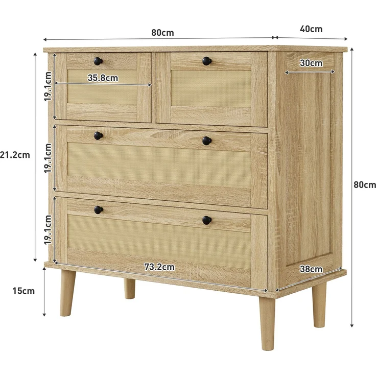 Schrank mit Rattangeflecht 80 x 40 x 80 cm, Kommode Holzfarbe, 4 Schubladen, Massivholzbeine – Bild 7