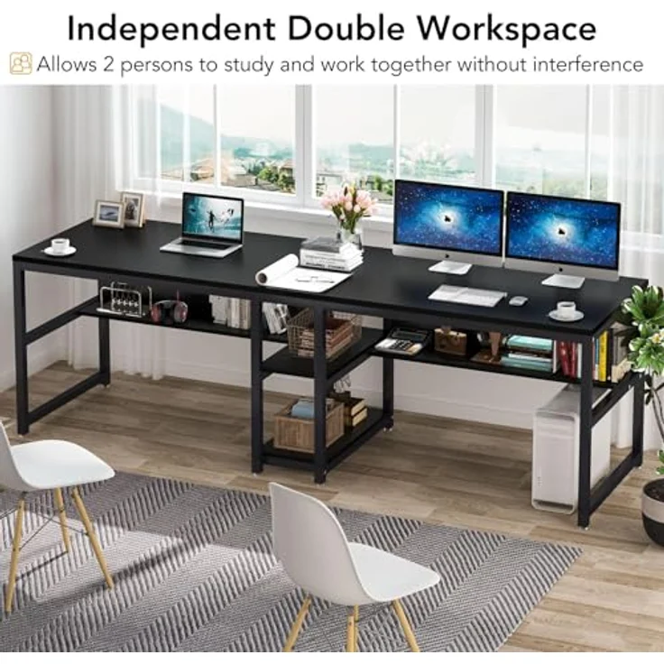 LITTLE TREE Schreibtisch Computertisch 200 x 75 x 60 cm, großer Schreibtisch aus Industriell Holz und Metall als Bürotisch Arbeitstisch für 2 Personen, ideal für Homeoffice Gaming, Schwarz – Bild 5