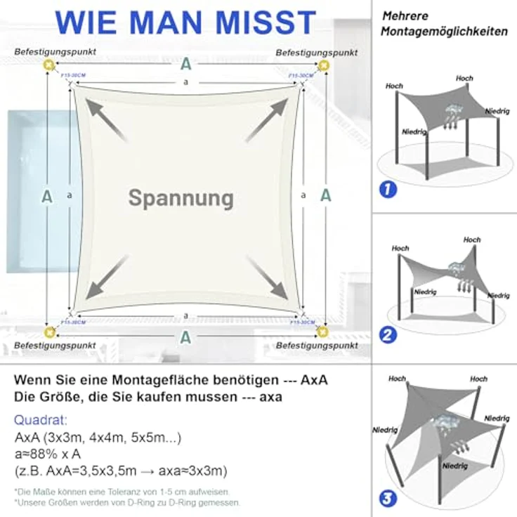 LOVE STORY Sonnensegel Wasserdicht 3x3 m Quadrat PES Polyester Sonnenschutz Windschutz Balkon Terrasse 95% UV-Schut,für Balkon Garten,Cremeweiß – Bild 6