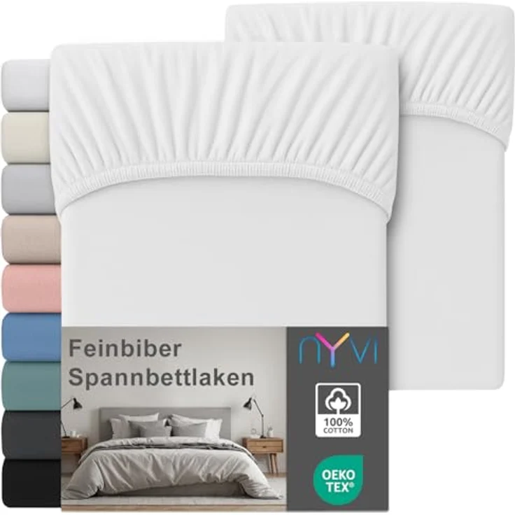 NYVI Feinbiber Spannbettlaken Deluxe, 100% Baumwolle, extra warm & weich, für Matratzen bis 25 cm Steghöhe, bügelfrei, vorgekrumpft, 90x200 cm, 2er Set, Weiß – Bild 1