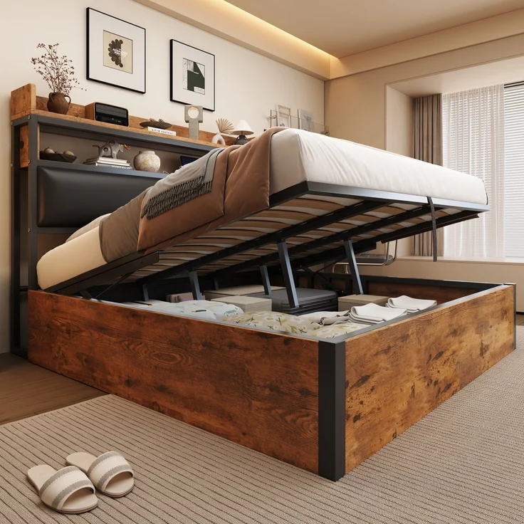 Bettrahmen 180 x 200 mit hydraulischer Hebevorrichtung, USB, gepolstertem Kopfteil, Vintage-Design aus Holz und Metall, verstecktem Stauraum Doppelbett Moderne Schlafzimmermöbel Schwarz – Bild 2