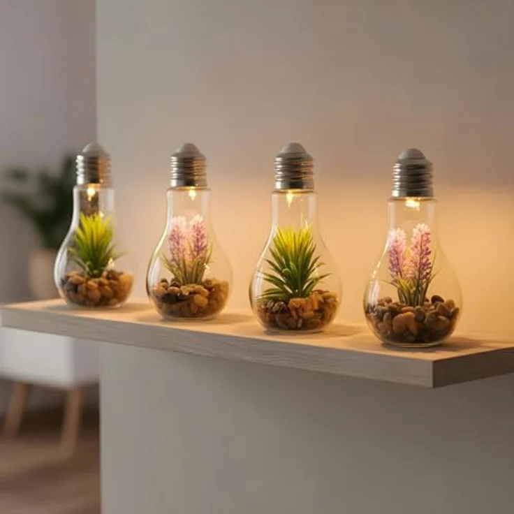 Levandeo® LED Dekoobjekt, 4er Set Sukkulenten Glühbirne Glas je B x H 8 x 19cm Deko LED Lampe – Bild 4