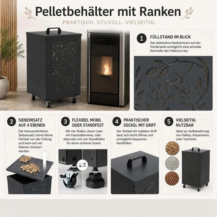 MCW Kaminholzkorb MCW-Q30-R, mit Rankenmotiv, für die Aufbewahrung von Pelletts oder Katzenstreu – Bild 4