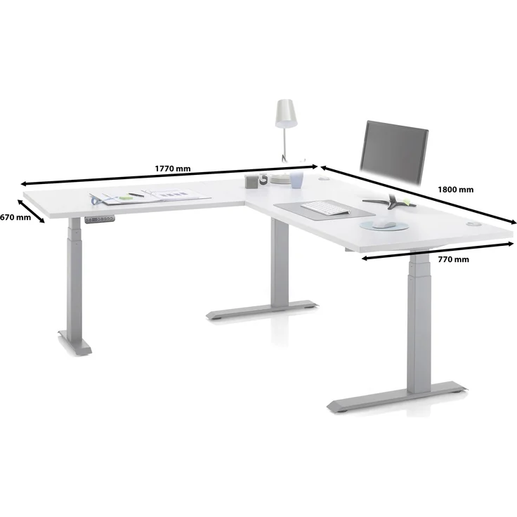 Eckschreibtisch >Ben< höhenverstellbar, weiss / silber - 180x74/117x177cm (BxHxT) – Bild 6