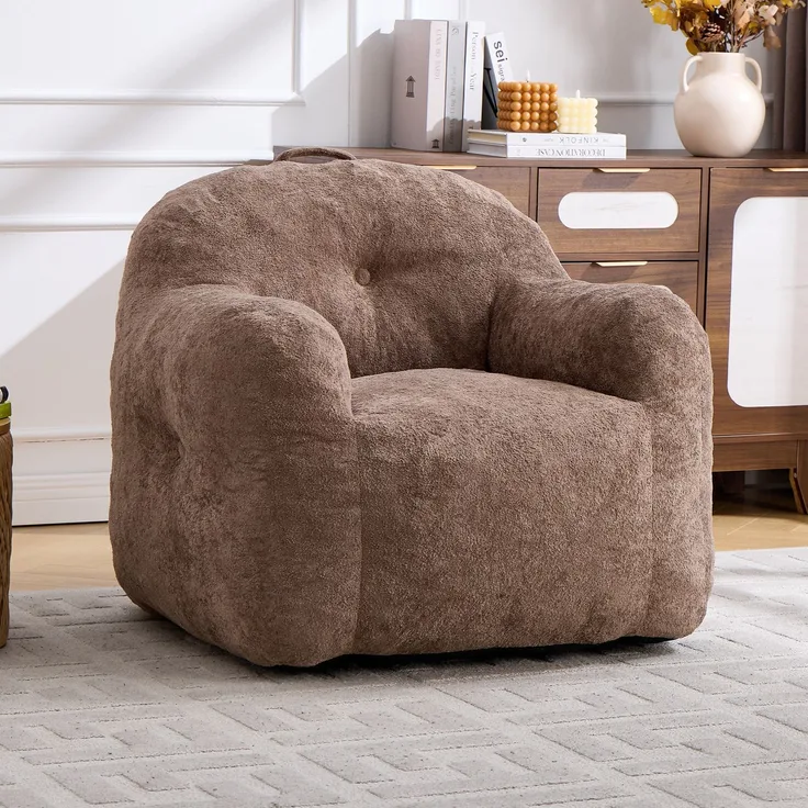 1-Sitzer Bean Bag Sessel aus Kunstfell, mit ergonomischer Rückenlehne, Khaki,H 79 x T 95 x B 95 cm
