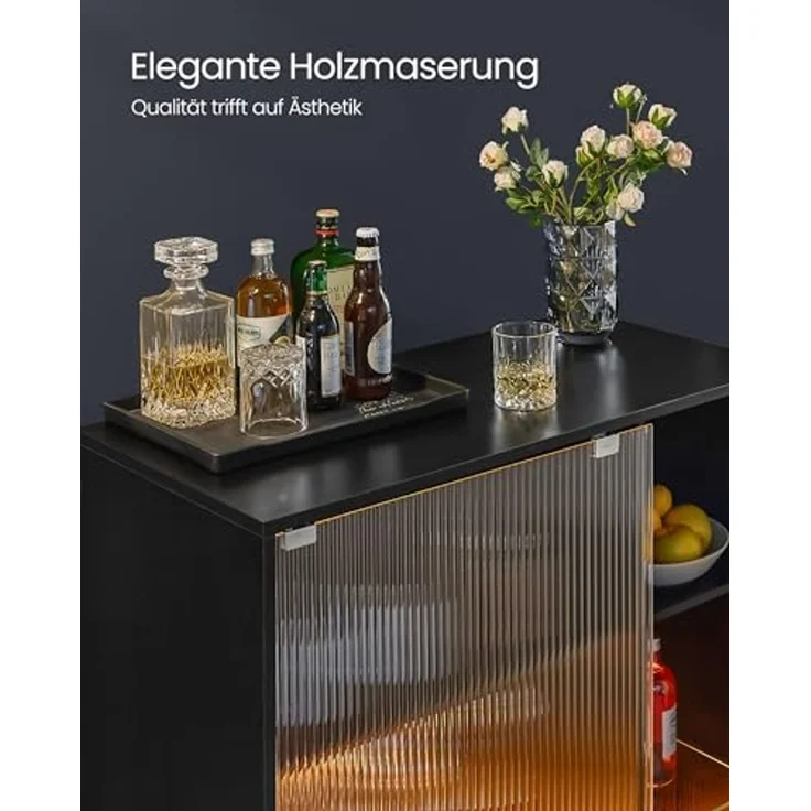 VASAGLE Weinschrank mit Beleuchtung, Sideboard mit LED, Küchenschrank für Weinflaschen, Barschrank mit Weinglashalter, geriffelte Glastür, für Wohnzimmer, ebenholzschwarz BBK361B21 – Bild 7