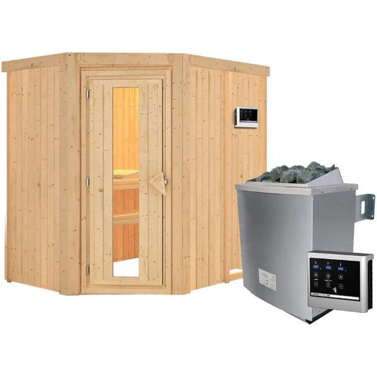 Karibu Sauna Carin + 9kW Saunaofen mit ext. Steuerung Easy Klarglas Ganzglastür – Bild 1