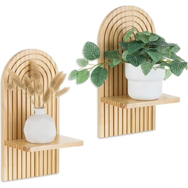 TUWENA Wandregal 2 Stück Wandregal Holz, Boho Wanddeko, Klein Pflanzregal Holzregal, 2-tlg, Wand Regale für Schlafzimmer, Wohnzimmer, Badezimmer, Balkon, Küche – Bild 5