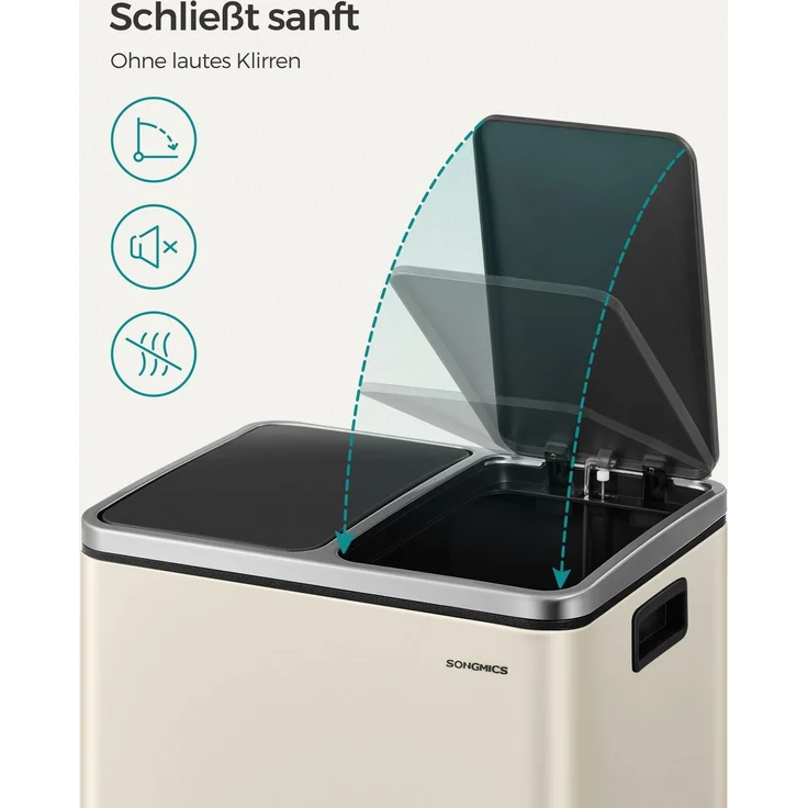 Songmics Mülleimer mit Deckel mit langsamem Verschluss, Inneneimern & Griffen, Sandbeige-Tintenschwarz, 2 Fächer, 2x15 Liter – Bild 4