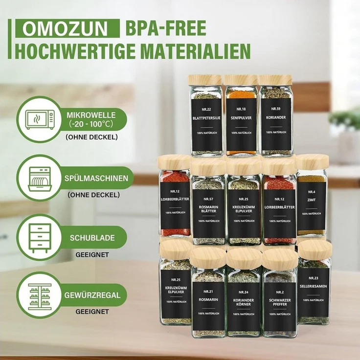 BBWL Pfefferstreuer Gewürzgläser Set eckig 120 ml mit Zubehör, 12er, 24er oder 36er Set, (12-tlg), luftdichte Gewürzdosen aus Glas mit Etiketten für Schubladen&Organizer – Bild 1