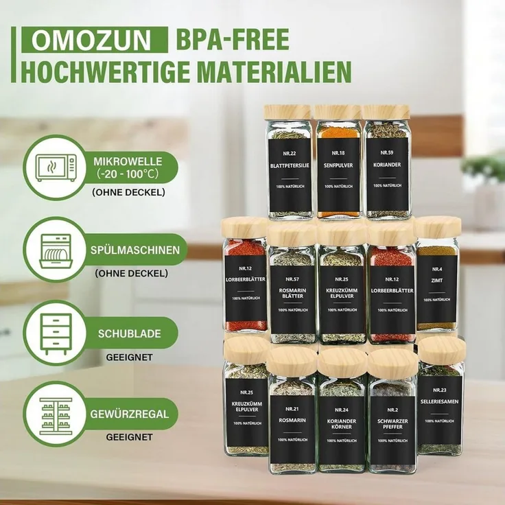 BBWL Pfefferstreuer Gewürzgläser Set eckig 120 ml mit Zubehör, 12er, 24er oder 36er Set, (12-tlg), luftdichte Gewürzdosen aus Glas mit Etiketten für Schubladen&Organizer