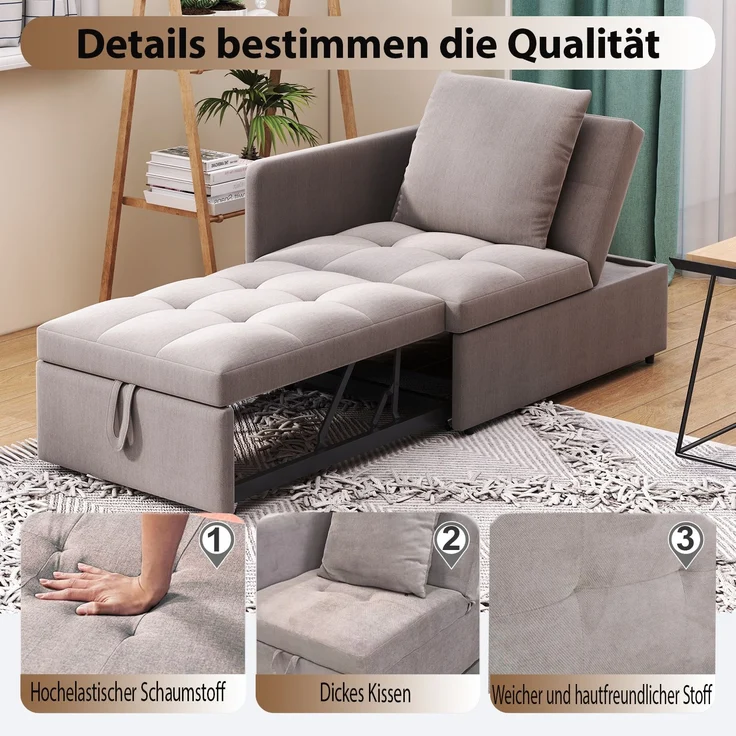 Multifunktions Schlafsofa 3-in-1, 177x68x65 cm, Grau Leinen, verstellbare Rückenlehne – Bild 7