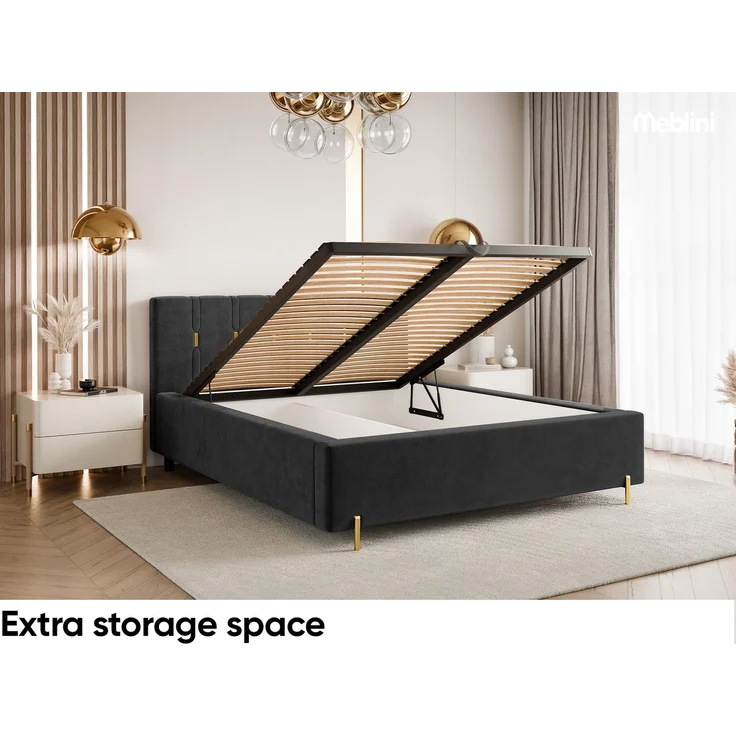 MEBLINI Polsterbett 120x200 mit Lattenrost mit Matratze – FABIO – Schwarz Samt – Doppelbett mit Bettkasten - Stauraumbett - Kopfteil Bett mit Stauraum – Bild 6