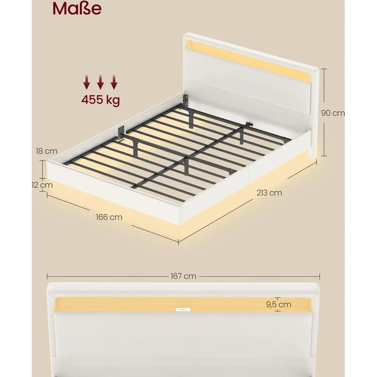 VASAGLE Bettgestell, Doppelbettgestell, 167 x 213 cm, schwebender visueller Effekt, Bett mit LED-Beleuchtung, hohem Kopfteil, Ladestation, modern, wolkenweiß – Bild 8