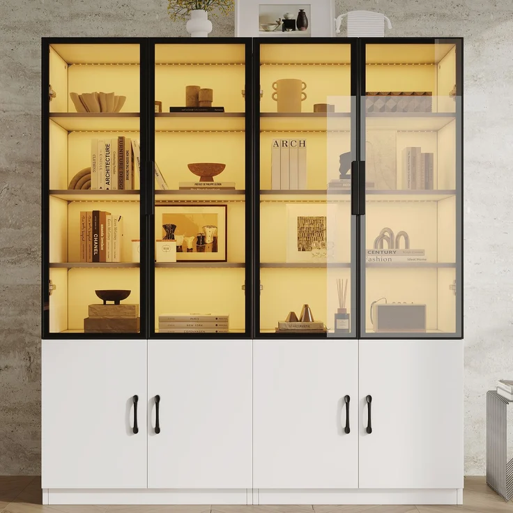 ZUBALIYA 60×40×160 cm große Vitrine mit LED-Beleuchtung – Vitrine aus Rauchglas mit Aluminiumrahmen und zwei Türen im unteren Bereich, Bücherregal, Vitrine,Sideboard – Bild 14