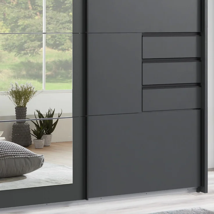 Schwebetürenschrank Kleiderschrank 273cm 3-trg. Passepartout Schubladen Spiegel Grafit – Bild 4