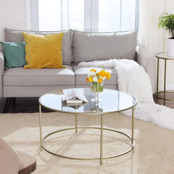 Vasagle 'LGT21G' Couchtisch mit goldenem Metallgestell, Hartglas transparent, Ø84 cm – Bild 2