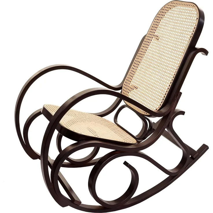 Schaukelstuhl M41, Schwingsessel Fernsehsessel, Massiv-Holz Rattan, FSC®-zertifiziert ~ Walnuss-Optik