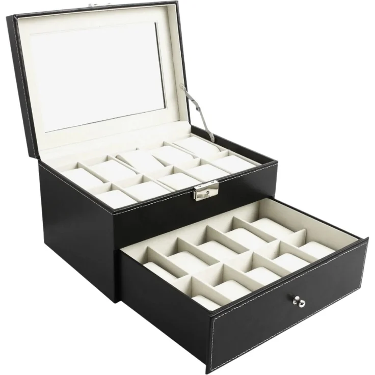 Todeco - Uhrbox, Uhr und Armband Aufbewahrung - Material der Box: MDF - Kissenmaterial: Samt - 20 Uhren mit Schublade und Display, Schwarz/Beige – Bild 1