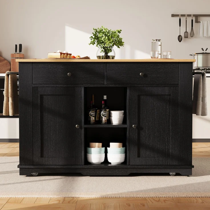Kücheninsel, Küchenwagen mit Steckdosenleiste ausgestattet, Küchenschrank, Servierwagen mit arbeitsplatte, buffetschrank, Speisewagen mit Holzmaserung, buffetschrank,Schwarz – Bild 2