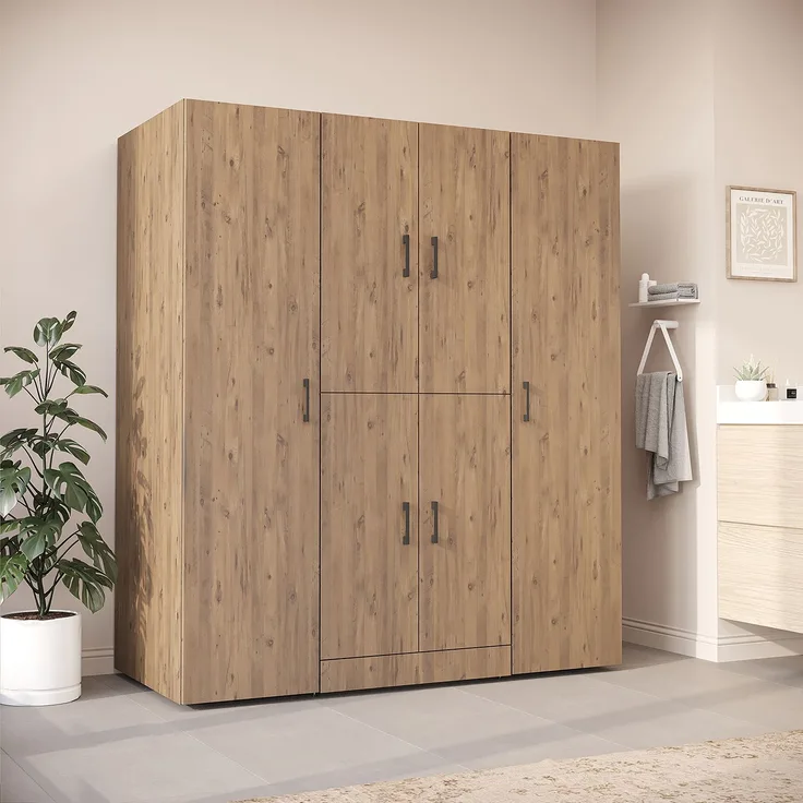 Roomart Waschmaschinenschrank - DORA-I- 160 cm breit - Wasch- & Trocknerschrank mit 2 Hochschränken, Türen & Ausziehbrett, Waschmaschinen-Überbau für Waschküche & Hauswirtschaftsraum • Eiche
