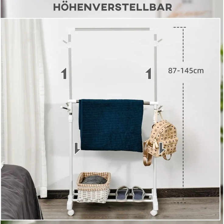 Garderobenständer aus Edelstahl, höhenverstellbar mit Ablage & Rollen, 68,5x42x87-145 cm, Weiß – Bild 6