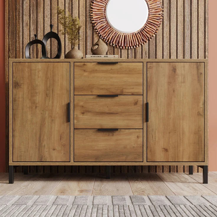 Türkommode mit 3 Schubladen in dunkler Eiche, Sideboard Industrial Design, Aufbewahrungsschrank mit höhenverstellbarem Fachboden – Bild 5