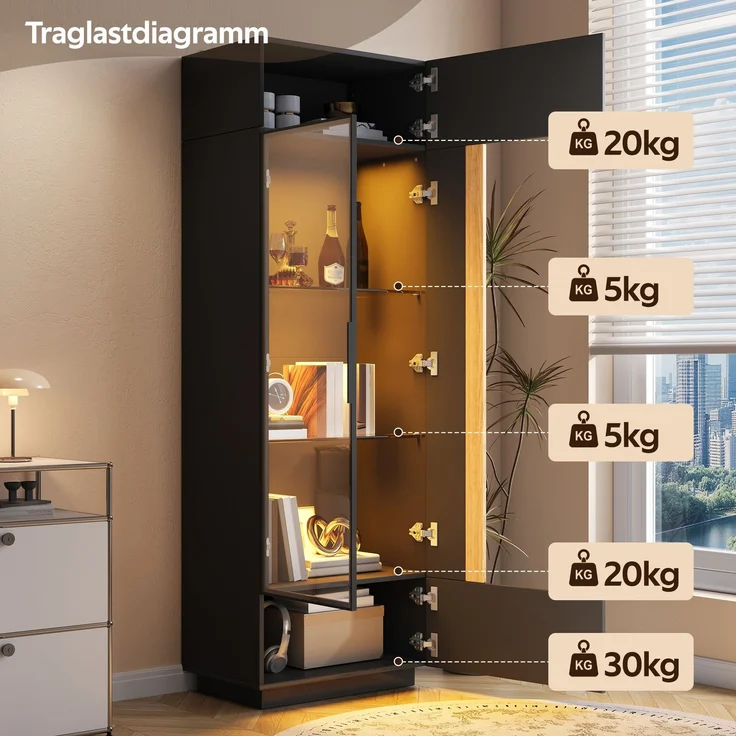 ZUBALIYA Vitrine (60 x 40 x 180 cm), LED - Beleuchtung, Glastüren, Aufbewahrung für Sammlerstücke, Geschirr und Dekoration, Schwarz – Bild 18