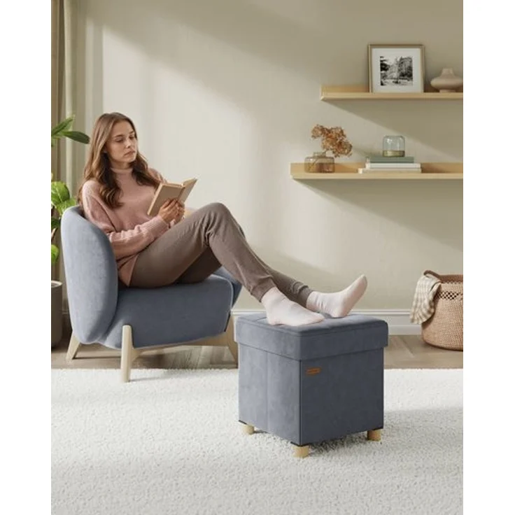 SONGMICS Sitzhocker mit Stauraum, Hocker faltbar, 38 x 38 x 40 cm, Aufbewahrungsbox mit Deckel, Fußhocker 37 L, Samt, bis 300 kg belastbar – Bild 2