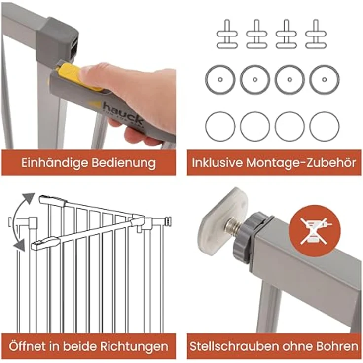 Hauck Stop'n Safe 2 Treppengitter, inkl. 9 cm Verlängerung, 84-89 cm, ohne Bohren, erweiterbar mit Verlängerungen von 9 cm und 21 cm, kombinierbar mit Y-Spindeln, beidseitig schwenkbar, silber – Bild 5