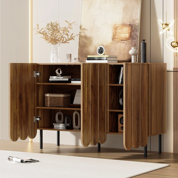 Modernes holzfarbenes Sideboard mit Wellentüren – 120x35x80 cm – grifflos, verstellbare Regale – Stauraum für Wohnzimmer, Flur & Esszimmer – Bild 8