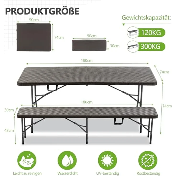 Ball & Cast Bierzeltgarnitur 3-teilig Klappbar, Biertisch Klapptisch mit 2 Sitzbänken, 180 cm Gartenmöbel Set für Innen und Außen, Braun – Bild 10