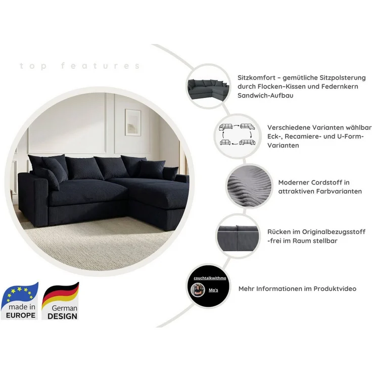 OTTO home Ecksofa Cosy Lounge U-Form, Breite 351 cm, Mega-Sofa mit Cordstoff bezogen, mit Federkern & 5 Zierkissen – Bild 3