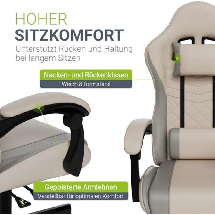 Juskys Gamingstuhl HyperSeat, verstellbare Rückenlehne, höhenverstellbarer Drehstuhl, Kunstleder, ergonomisch, für Büro & Gaming Setup – Beige/hellgrau – Bild 7