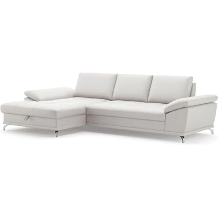 Cavadore Eckcouch Castiel mit Federkern / Ecksofa mit großem Longchair, Sitztiefenverstellung und mattschwarzen Metallfüßen / 301 x 89 x 176 / Echtleder, Weiß