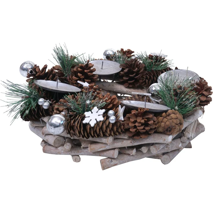 Adventskranz HWC-M15, Adventsgesteck Tischkranz Weihnachtsdeko Tischdeko, Holz MVG silber Ø 32cm ~ ohne Kerzen – Bild 6