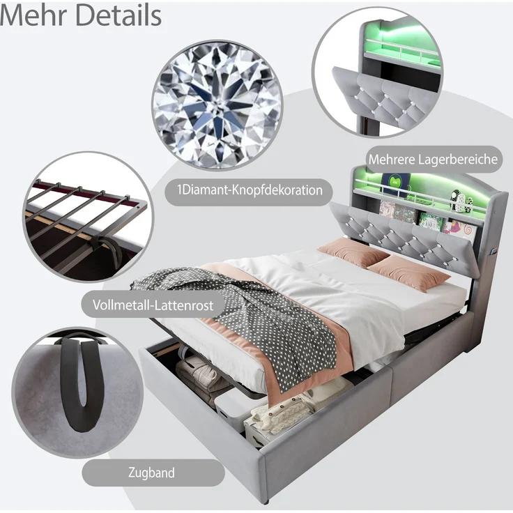 Kinder Polsterbett 90x200, Samt Einzelbett Multifunktionsbett mit Stauraum mit LED und USB Grau – Bild 5