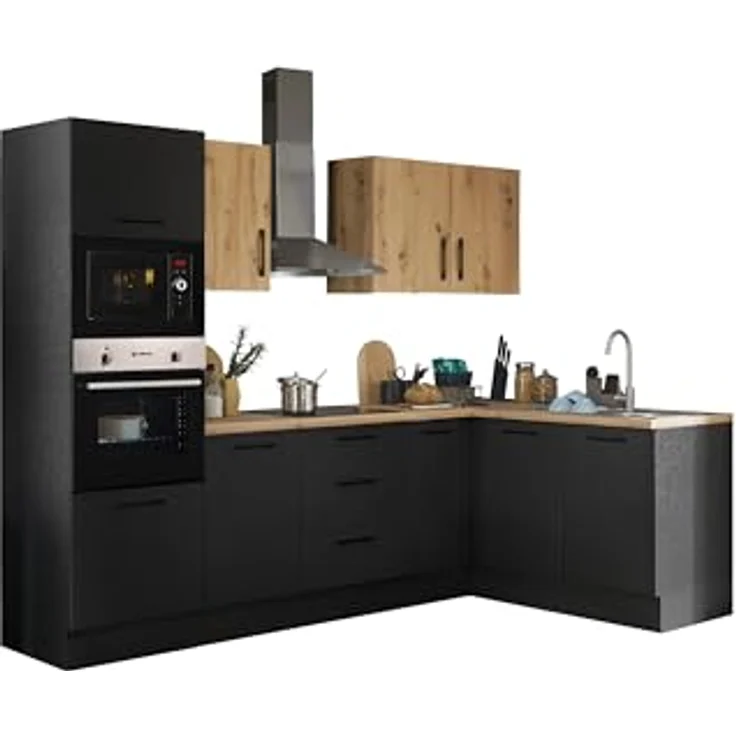 Turin LBM Eckküche 270 x 211 x 60 cm, schwarz - Ohne Küchengeräte - Moderne, geräumige Küche in Artisan-Eiche Optik mit viel Stauraum – Bild 2