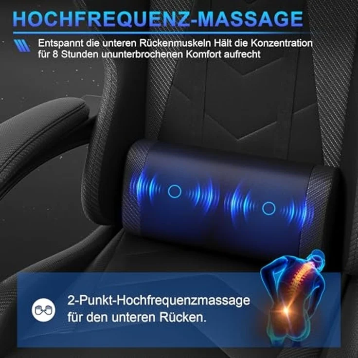 JUMMICO Gaming Stuhl Massage, Bürostuhl Ergonomisch Mit Massage-Lendenkissen, Gamer Stuhl verstellbare Rückenlehne 90-150°,und fußstütze, Gamingstuhl 150 kg belastbarkeit, Schwarz – Bild 4