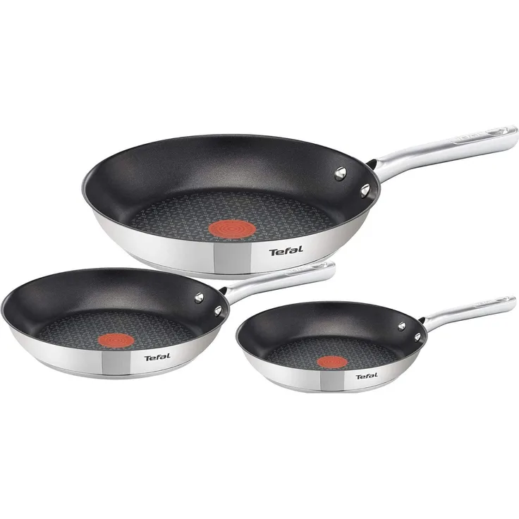 Tefal A704S3 Duetto 3-teiliges Bratpfannen-Set | 20,24 und 28 cm | integrierter Temperaturindikator | geeignet für alle Herdarten, auch für Induktionsherde | Edelstahl/Schwarz | 51,5 x 35,5 x 18 cm