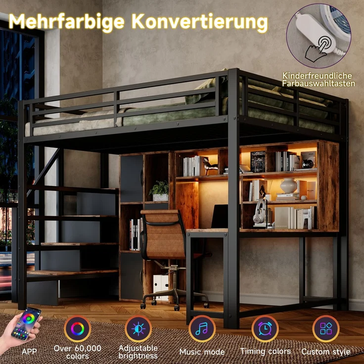 Hochbett, 140x200 cm, Metallbettgestell, Leiterschrank, Ablagefach, LED-Lichtleiste, Ohne Matratze, schwarz – Bild 7