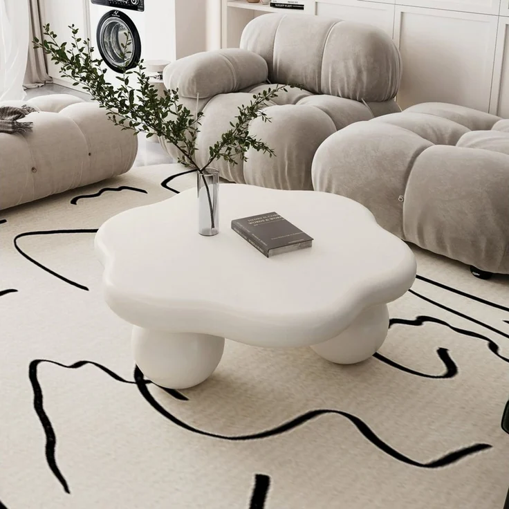 OKWISH Couchtisch Blütenblatt-Design, modern-minimalistisch für kleine Wohnungen (Packung, 1-St, 79x31x79 cm Kaffee-Tisch in Creme-Weiß, Wolkenform mit Kugelbeinen), Kinder- & haustierfreundlich, platzsparend im Wohnzimmer – Bild 1