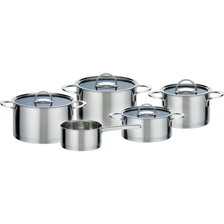 GSW Topf-Set Elegance, Edelstahl 18/8 (Set, 9-tlg, 1 Bratentopf 20cm, je 1 Fleischtopf 16/20/24cm, 1 Stielkasserolle 16cm), handfreundliche Kaltmetallgriffe, Literskala. Induktion – Bild 1