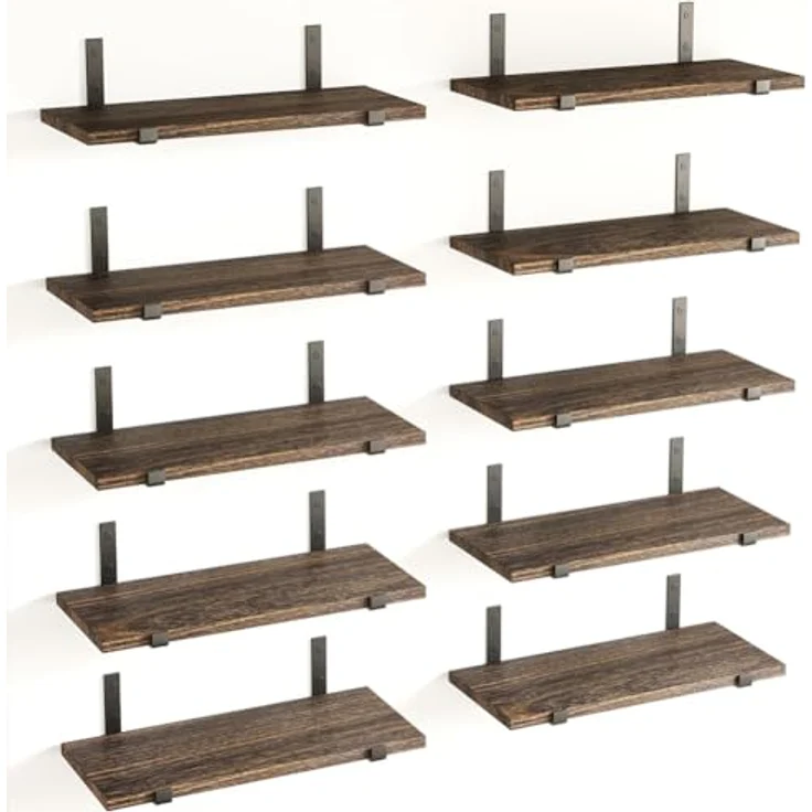 BAKAJI Set mit 10 schwimmenden Wandregalen aus Holz, Mehrzweck-Wandregal mit Metallhalterungen, ideal für Schlafzimmer, Wohnzimmer, Küche, Badezimmer, Bücherregal, platzsparend, 40 x 15 cm (Eiche) – Bild 8