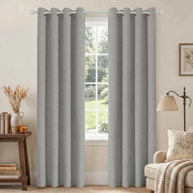 Joydeco Hellgraue Verdunkelungsvorhänge, 244 cm lang, für Wohnzimmer, 100% Verdunkelungsvorhänge für Schlafzimmer, Leinen-Raumverdunkelung, Jute, strukturierte Vorhänge (106,7 x 241,3 cm, Hellgrau) – Bild 1