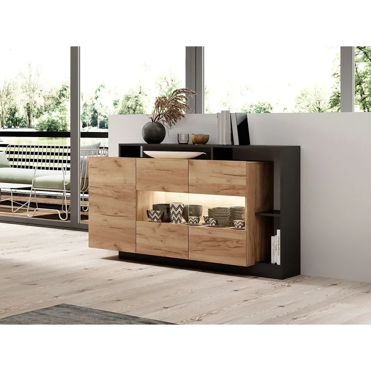 Vente-unique 'IDESIA' Sideboard mit 3 Türen, 3 Ablagen & LED-Beleuchtung, Holzspanplatte anthrazit / naturfarben, 155 x 44 x 93,5 cm
