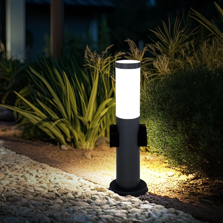 LED Sockelleuchte, Edelstahl, 2x Steckdose, H 45 cm – Bild 4