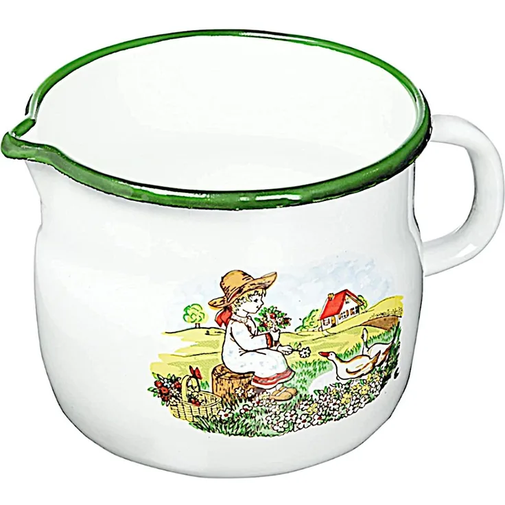 Karl Krüger Milchtopf GÄNSEKIND 14 cm Emaille weiß mit Ausguss und Dekor / Topf