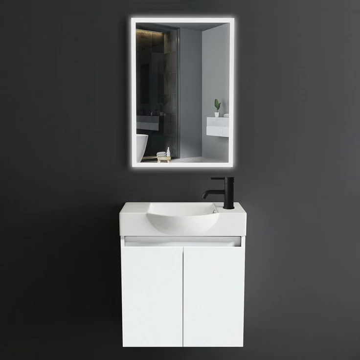 Alpenberger Badmöbel-Set mit Spiegel - Waschtisch mit Unterschrank + Badspiegel mit Beleuchtung, (Badezimmerschrank mit Waschbecken, 3-tlg. Badezimmermöbel), Waschbeckenunterschrank - Weiss Glänzend – Bild 5