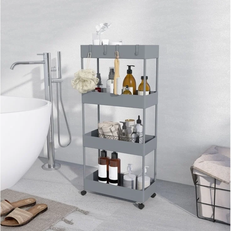 Nischenwagen 40x19x90 cm mit 4 Ebenen, Rollen und abnehmbaren Haken – Grau – Bild 2